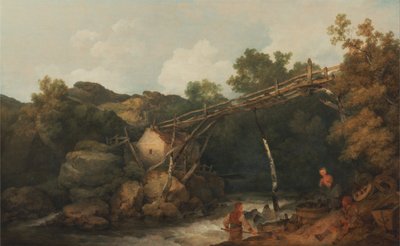 A View near Matlock, Derbyshire with Figures Working beneath a Wooden Conveyor by Philippe Jacques de Loutherbourg